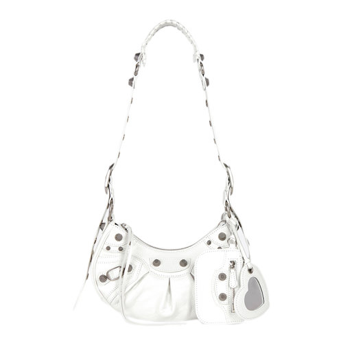 Balenciaga/巴黎世家 LE CAGOLE系列 女士XS号白色小羊皮复古银色饰面单肩包6713091VG9Y9104