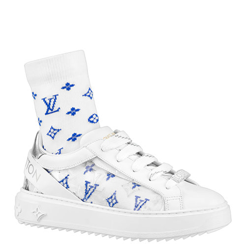 Louis Vuitton/路易威登 22年早春新款 TIME OUT系列 女士白色牛皮革蓝色老花袜子混合材质运动鞋1A9PZJ