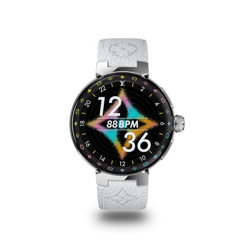 Louis Vuitton/路易威登 22年早春新款 TAMBOUR HORIZON LIGHT UP系列 女士银色喷砂精钢表壳可替换白色老花帆布表带智能腕表44毫米QBB189