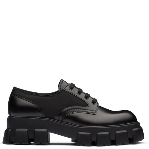 PRADA/普拉达  Monolith系列 男士黑色亮面皮革和尼龙系带乐福鞋2EE342_3LFR_F0002