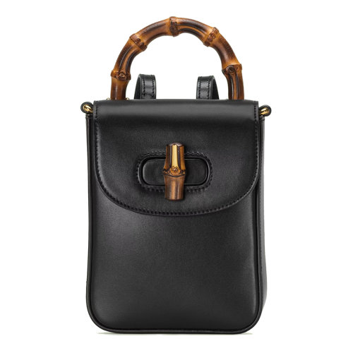 GUCCI/古驰 22新款Gucci Love Parade系列 女士迷你黑色皮革饰面竹节手柄竹制金色细节肩背手提包702106UZY0T1000