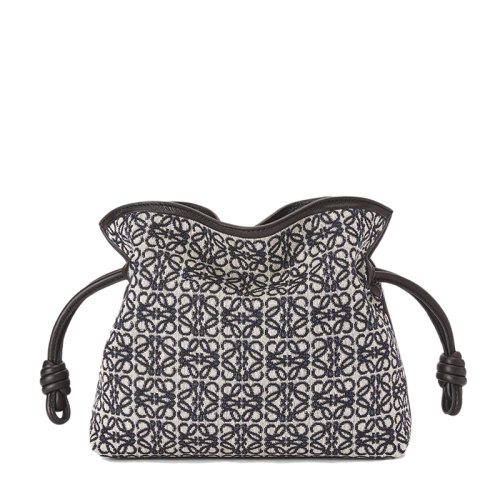 LOEWE/罗意威 Flamenco系列 女士迷你黑色海军蓝色徽标提花织物配皮束带单肩手拿包0010642882