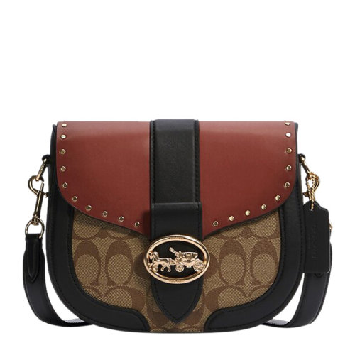 COACH/蔻驰Georgie系列女士拼色涂层帆布配皮经典马车徽标按扣开合单肩包斜挎包马鞍包女包 C3593IMRL7