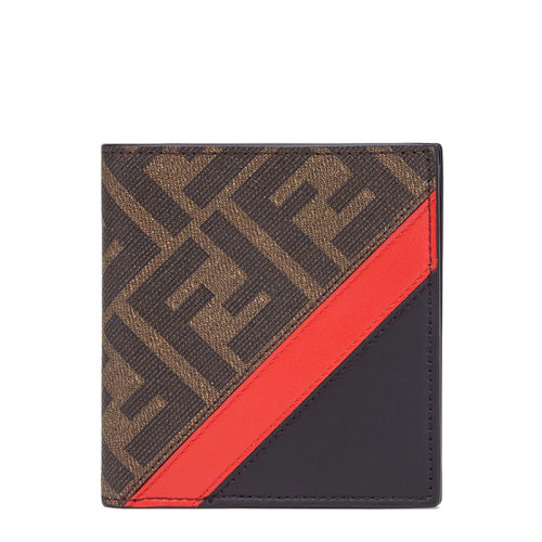 FENDI/芬迪  男士棕色FF提花织物黑色小牛皮红色调双折钱包7M0274A9XSF19P9