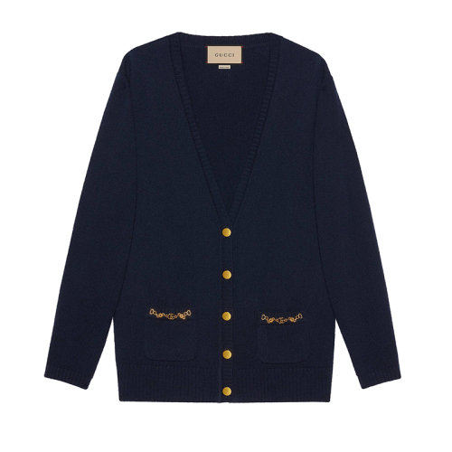 GUCCI/古驰 女士深蓝色双G链条山羊绒开衫662187XKBYJ4759