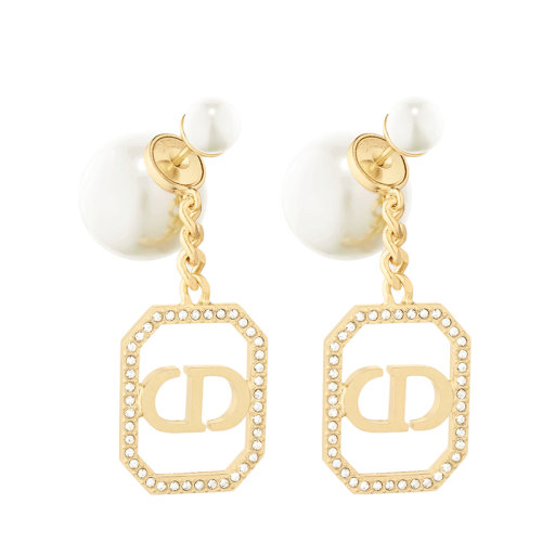 DIOR/迪奥 22春夏新款TRIBALES系列 白色树脂珍珠透明晶体点缀金色饰面金属CD坠饰耳环E1819TRICY_D301