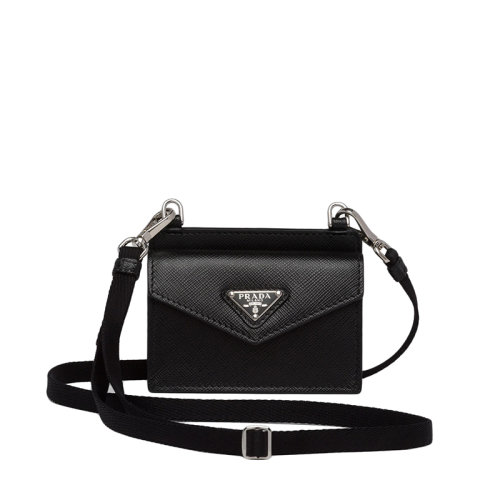 PRADA/普拉达 22年新款 女士黑色皮革三角银标肩带翻盖卡夹1TL404_QHH_F0632
