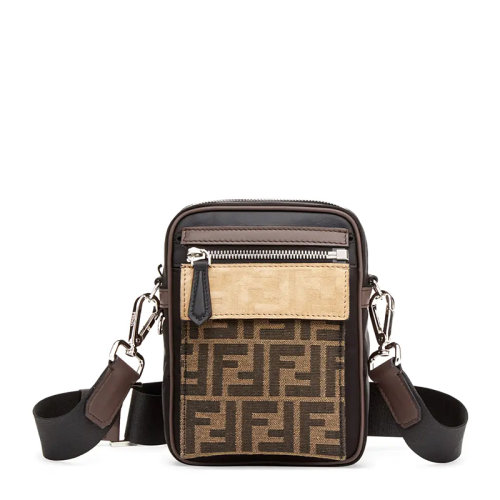 FENDI/芬迪 男士棕黑拼色尼龙配皮经典双F提花徽标装饰拉链开合单肩包斜挎包邮差包男包 7VA488-A7UW-F19A5