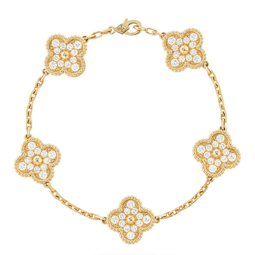 Van Cleef & Arpels/梵克雅宝 经典Vintage Alhambra系列 18k金黄金镶钻5四叶草手链VCARA41400