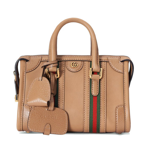 GUCCI/古驰 22新款Exquisite系列 女士迷你浅棕色皮革金扣饰红黑织细节拉链开合单肩手提包715771AAA0O9746