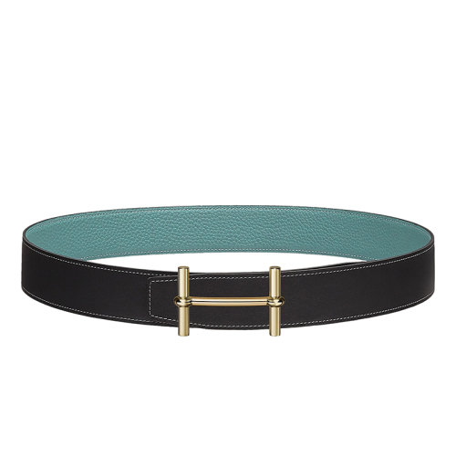 HERMES/爱马仕 H系列 黑色/天空蓝荔枝纹小牛皮 男士双面金扣皮带38毫米H077938CP2K/H077971CAAL090