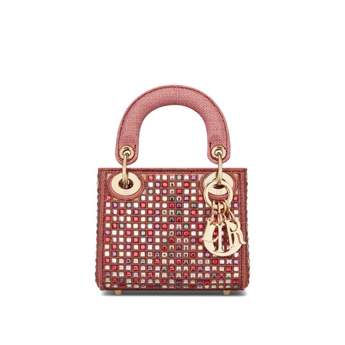 DIOR/迪奥 经典款LADY DIOR系列 女士微型深粉色金属帆布格网状彩色水晶点缀饰金扣单肩斜挎手提戴妃包S0856OROX_M33E