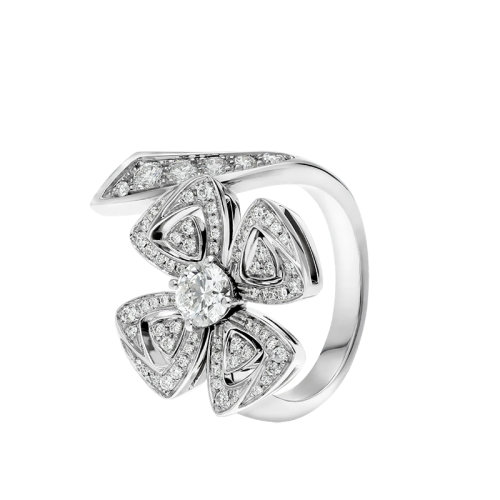 BVLGARI/宝格丽 经典FIOREVER系列 18K金白金镶嵌圆形主钻密钉钻石四叶草戒指指环356914