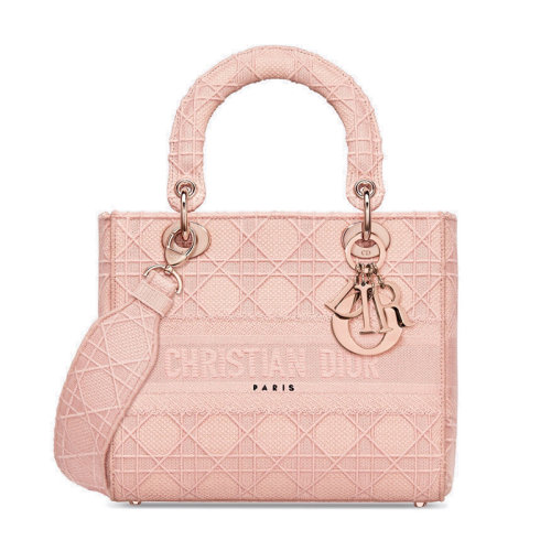 DIOR/迪奥 20Lady Dior 女士中号粉色刺绣帆布肩带单肩手提包戴妃包 M0565JREY_M957
