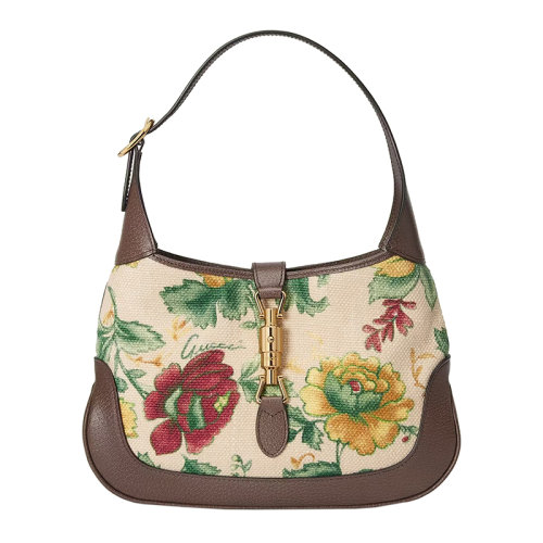 GUCCI/古驰 22新款 Jackie 1961系列 女士小号象牙色帆布饰复古风格花卉印花棕色皮革滚边金扣单肩手提腋下包636706U1WCG9090