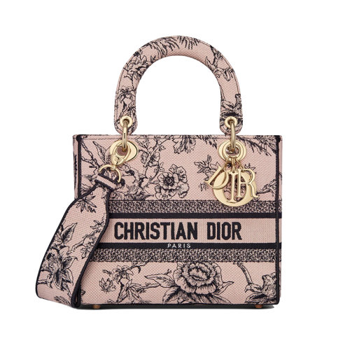 DIOR/迪奥 23新款 LADY D-LITE系列 女士中号粉色帆布刺绣花卉图案饰有字母标志拆卸宽肩带斜挎手提托特包M0565ORYZ_M973