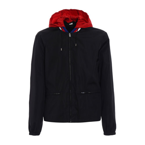 GUCCI/古驰 Sylvie 系列男士黑色尼龙复古风格字母徽标红绿条纹装饰上衣外套连帽衫 473302-Z719B-1155