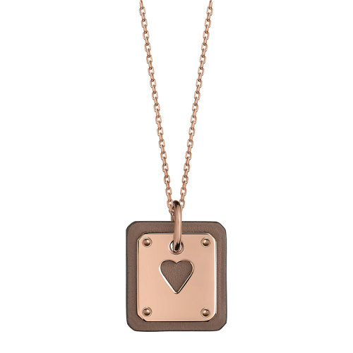 HERMES/爱马仕 经典款As de Coeur系列 小号大象灰小牛皮嵌镀玫瑰金镂空心形金属铭牌吊饰项链H081865CD18