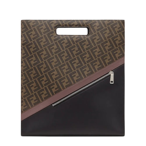 FENDI/芬迪   男士棕色老花FF图案黑色皮革拼色单肩手提包购物袋7VA481A9XSF199B