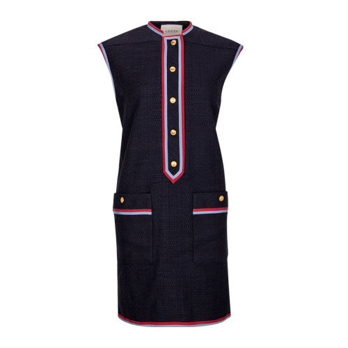 GUCCI/古驰  女装 服饰 羊毛条纹金扣时尚修身无袖 女士连衣裙裙装