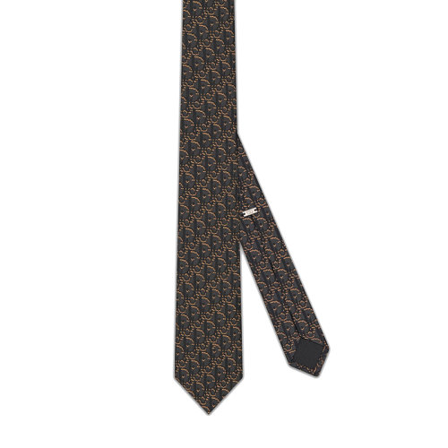 DIOR/迪奥 22年早春新款 男士咖啡棕色/黑色和灰色桑蚕丝老花印花领带28C1047A0660_C788