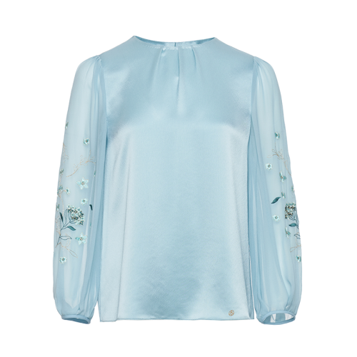 HUI/卉 女士长袖衬衫20秋季新品水绿色圆领捏褶衬衫刺绣设计套头衫