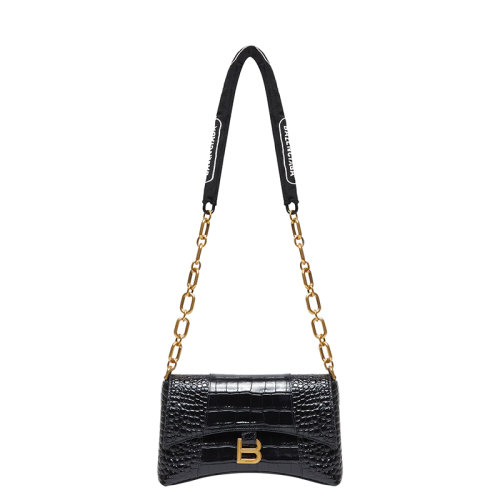 BALENCIAGA/巴黎世家 22春夏新款Downtown系列 女士XS号黑色牛皮革鳄鱼压纹弯曲徽标链式单肩包 6891212106F1090