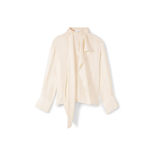 St.John/盛蔷米色桑蚕真丝垂坠领带女士长袖衬衫上衣K511W72