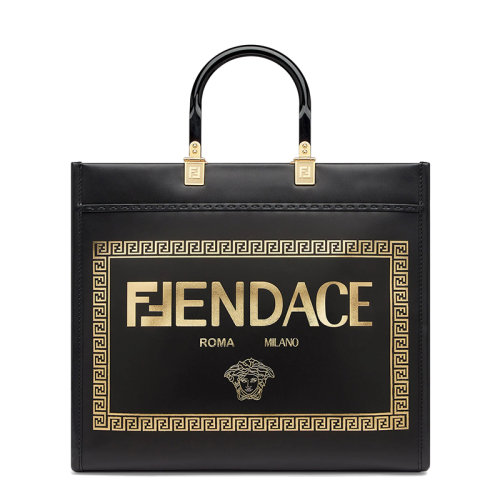 FENDI/芬迪 22新款Sunshine系列 女士Fendace联名款中号徽标印花黑色皮革有机玻璃硬质手柄手提包8BH386AJT0F0KUR