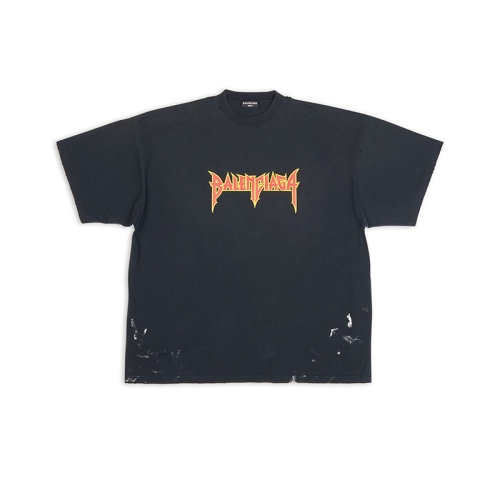 Balenciaga/巴黎世家 22年秋冬新款 Metal系列 男女同款黑色纯棉漆点设计OVERSIZED短袖T恤694576TMV880105