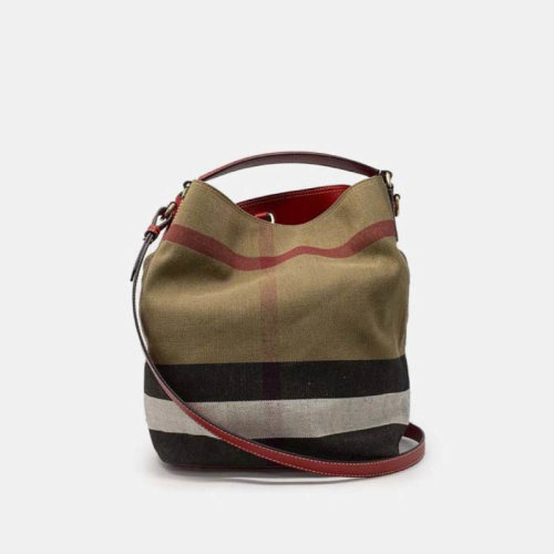 BURBERRY/博柏利 卡其色条纹单肩手提包 红色肩带 39457281-O【奥莱】