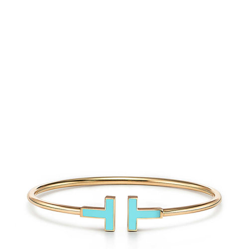 Tiffany & Co./蒂芙尼 经典Tiffany T系列 18K金黄金镶嵌绿松石T形Wire手镯GRP11108