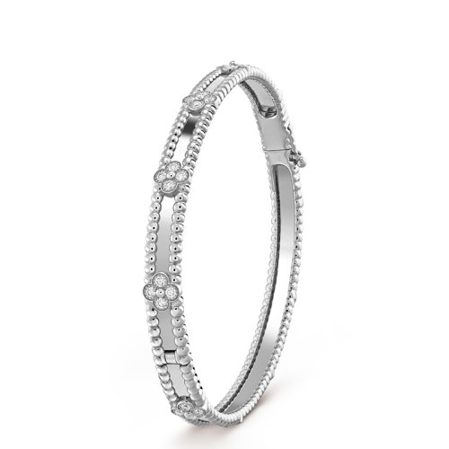 Van Cleef & Arpels/梵克雅宝 Perlée sweet trèfles系列 18K金白金镶嵌钻石四叶草手镯VCARP6XA00