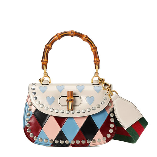 GUCCI/古驰 22新款Bamboo 1947系列 女士浅蓝色/粉色皮革菱形Lovelight主题印花铆钉滚边细节竹节锁扣红绿肩带单肩斜挎手提竹节包675797AAAW44950
