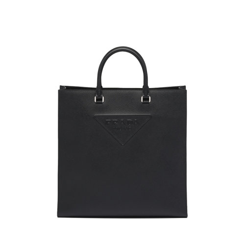 PRADA/普拉达 22年新款 男士黑色皮革压花徽标提手可拆卸调式黑色米色刺绣织带肩带托特包2VG084_2FAD_F0002_V_DOO