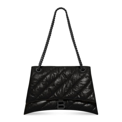 Balenciaga/巴黎世家 22秋冬新款 Crush系列 女士中号黑色粒面绗缝小牛皮哑光黑色标志铆钉磁扣开合手提单肩斜挎包716393210IY1000