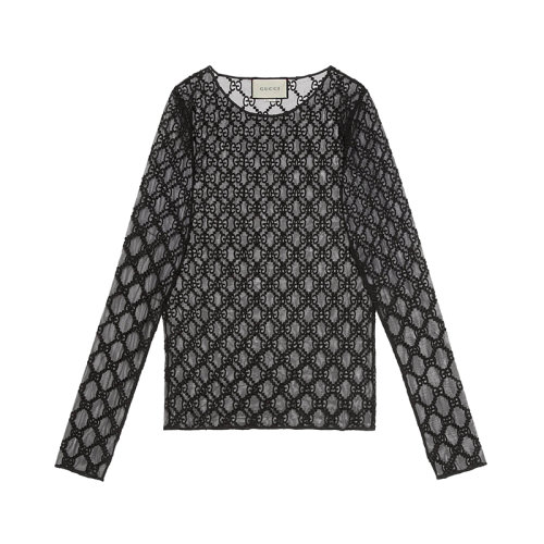 GUCCI/古驰 22年春夏新款 女士黑色棉质混纺薄纱面料老花刺绣修身长袖T恤?574407XJA861000