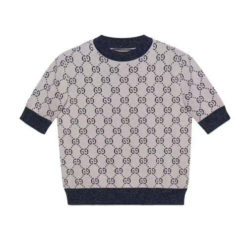 GUCCI/古驰 22年秋冬新款 Aria系列 女士象牙白色/蓝色棉质混纺金银丝线老花提花短袖上衣692717XKB549071