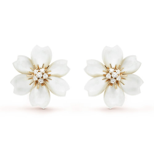 Van Cleef & Arpels/梵克雅宝 经典Rose de No?l系列 18k金黄金镶嵌钻石白色珍珠母贝玫瑰耳环VCARA55600