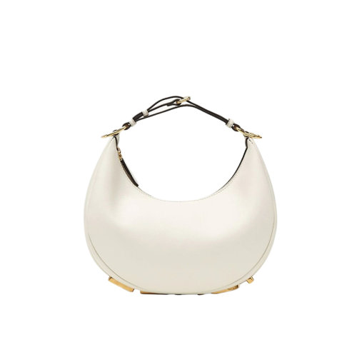 Fendi/芬迪 22年春夏新款Fendigraphy系列 女士白色皮革复古金色金属徽标小号新月单肩斜挎手提包8BR798A5DYF1HEL