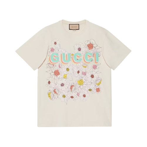 GUCCI/古驰 22年秋冬新款 Lovelight系列 女士米白色纯棉花卉印花短袖T恤?706127XJERL9150