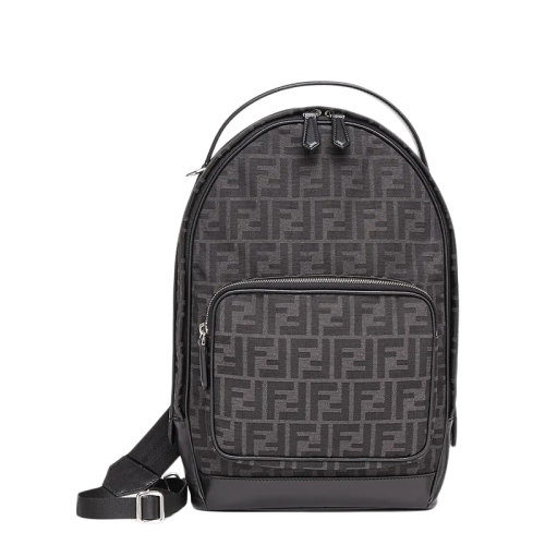 FENDI/芬迪 21新款 男士黑色灰色FF图案提花布料配皮竖款拉链开合斜挎单肩背包7VZ065AG0MF0NPN