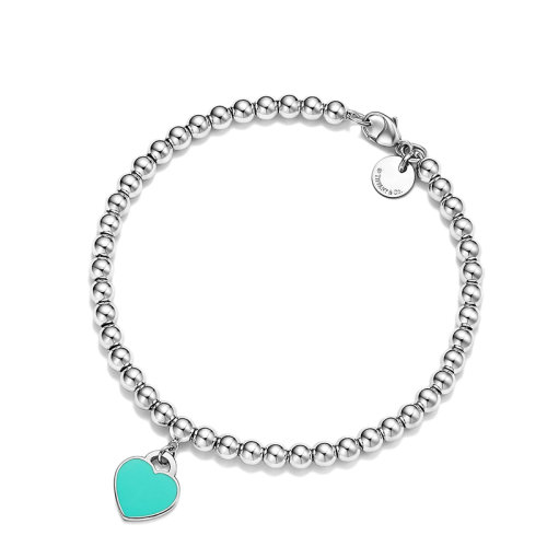 Tiffany & Co./蒂芙尼 Return to Tiffany系列 925纯银镶钻心形吊饰搭配蓝色珐琅珠式手链GRP12057
