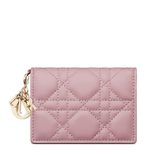 DIOR/迪奥 22新款LADY DIOR系列 女士老粉色藤格纹小羊皮饰徽标字母金扣吊饰双折翻盖多卡槽卡包钱包S0011ONMJ_M77P