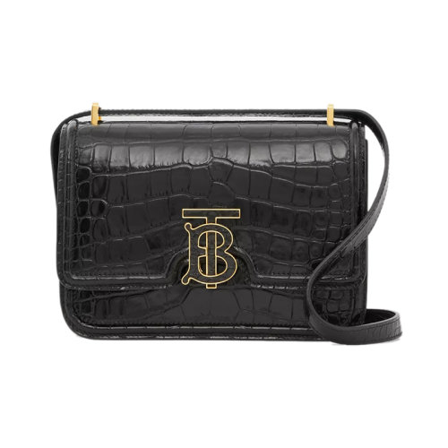 BURBERRY/博柏利 22新款 女士黑色鳄鱼纹路压纹皮革拆卸调节肩带搭扣翻盖开合金色抛光金属肩背斜挎手拿包80582931