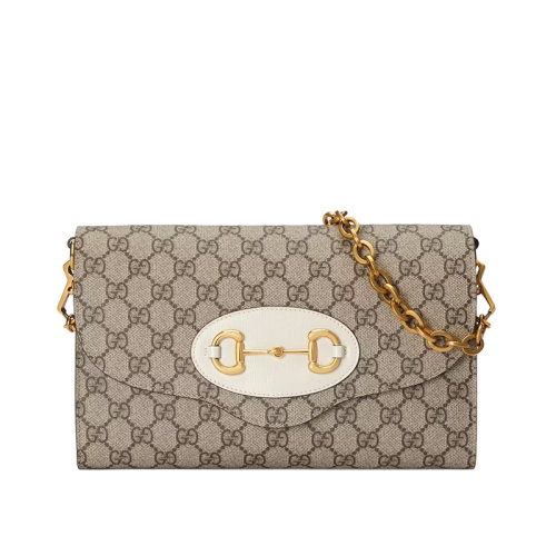 GUCCI/古驰 22春夏新款1955系列 女士小号米色乌木色马衔金扣红绿肩带链式单肩包677286HUHHX9759