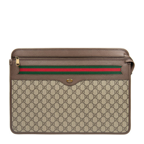 GUCCI/古驰 男士棕咖拼色PVC配皮经典双G字母徽标印花拉链开合手拿包公文包男包 598128-96IWT-8745