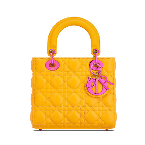DIOR/迪奥 22新款LADY DIOR系列 女士小号日光黄小羊皮绗缝藤格纹粉扣单肩斜挎手提拉链包M05314NEE_M29Y