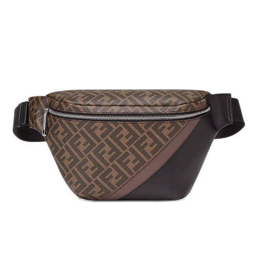 FENDI/芬迪  男士棕色老花织物拼黑色皮革斜跨包香蕉腰包7VA434A9XSF199B