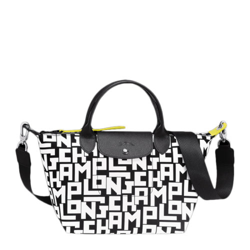 Longchamp/珑骧 LE PLIAGE系列 女士黑白拼色帆布牛皮字母印花图案拉链按扣时尚手提包单肩包斜挎包女包1512412067